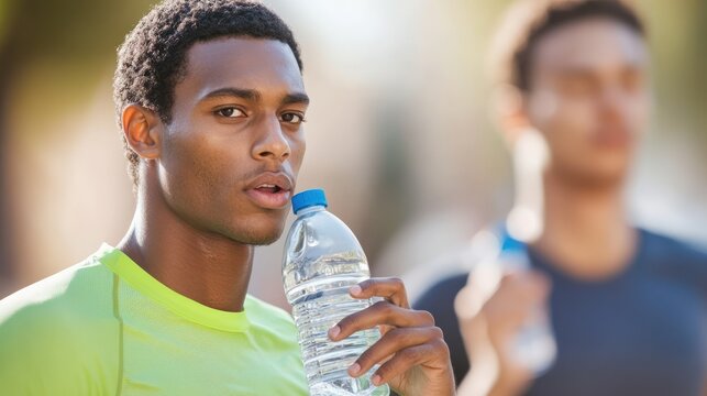 Man taking a break from exercising to drink water, focused on hydration.