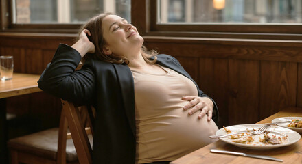 Pregnant woman relaxing with food at restaurant table indoors  