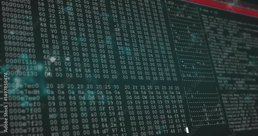 Poster starting with drifting network nodes, terminal window scrolling hex and ascii for memory analysis