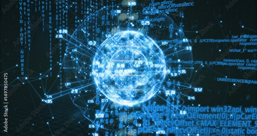 Poster opening with wireframe globe appearing on grid, rings forming, nodes flickering, helix linking data
