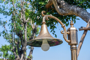 Lamp street in outdoor restaurant,Pendant light with matal lamps in street cafe,mountain view and...