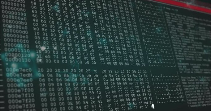 Starting with drifting network nodes, terminal window scrolling hex and ASCII for memory analysis
