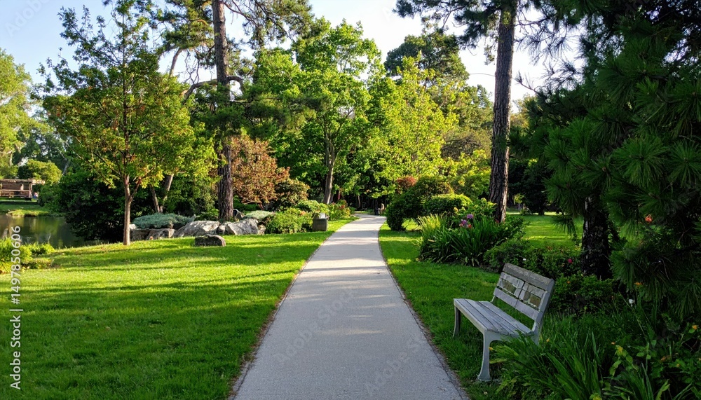 Poster serene pathway with leading lines and lush greenery in park setting