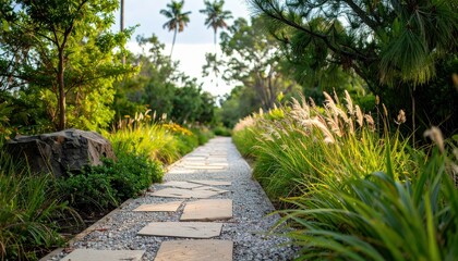 Obraz premium Serene Pathway Leading Through Lush Greenery and Tranquil Scene