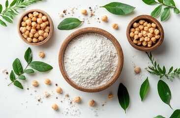 Chickpea flour and ingredients arranged on white surface