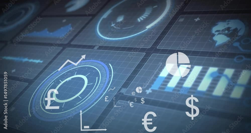 Poster launching grid interface, gauge rotating ring expanding with symbols flashing as visualizing growth