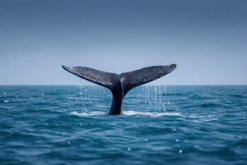 Fototapeta premium World whale day with marine and habitat idea. Whale tail emerging from the ocean surface