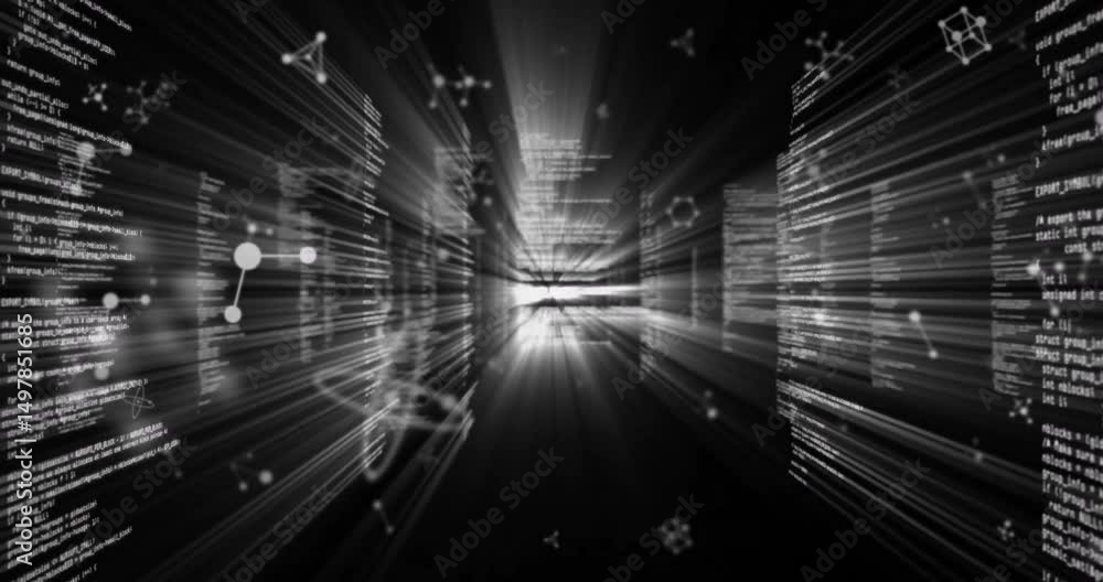 Poster opening data tunnel speeding through streaking code panels and rotating nodes showing data flow