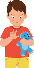 Obraz premium Sad boy holding blue teddy bear in red shirt and yellow shorts vector illustration