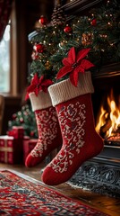 Festive red stockings hang by a crackling fireplace, adorned with poinsettias and nestled amongst Christmas decorations