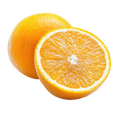 A whole orange and a halved one, showcasing its juicy segments and vibrant color