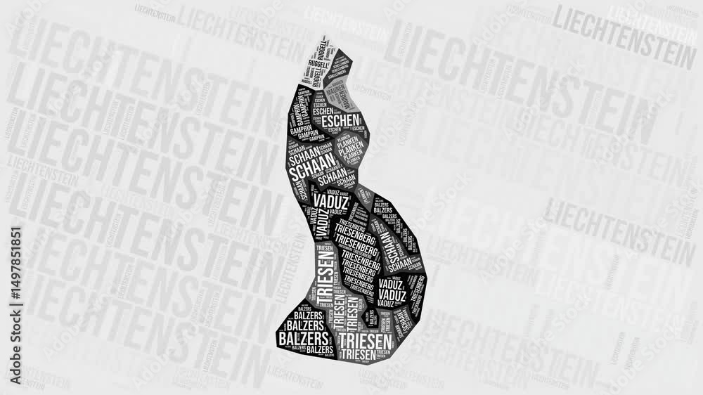Poster liechtenstein animation. visual effect of liechtenstein regions appearing in black and white word cl