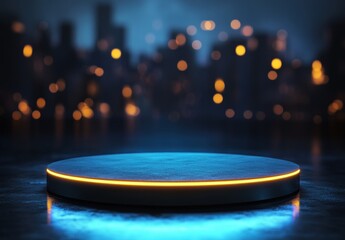 Illuminated circular podium in a city backdrop