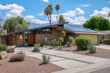 Modern desert home with solar panels in sunny Palm Springs