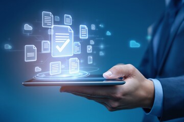 Digital document icons with check mark floating above tablet held by businessman, futuristic graphic style, blue background, concept of cloud data approval. Ai generative
