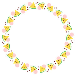 Summer watermelon circle frame, Food illustration, Tropical yellow fruit image for poster, flyer, greeting postcard, invitation. 