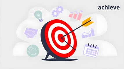 Goal Achievement Concept &ndash; Arrow Hitting Target Surrounded by Business Icons. 