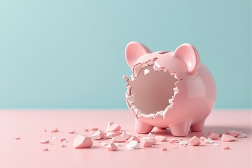 Shattered pink piggy bank with large hole and scattered fragments, minimal pastel style on soft background, concept of broken savings or financial crisis, Ai generative