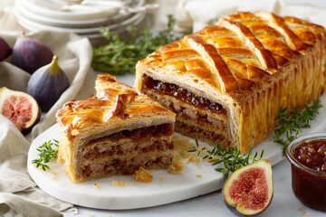Delicious pastry loaf filled with fruit and nuts on a wooden board