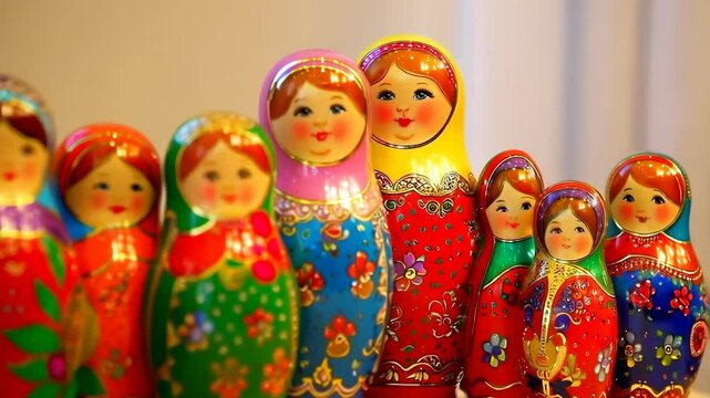 Collection of vibrant nesting dolls lined up, each uniquely painted with floral patterns and traditional designs on a warm background.