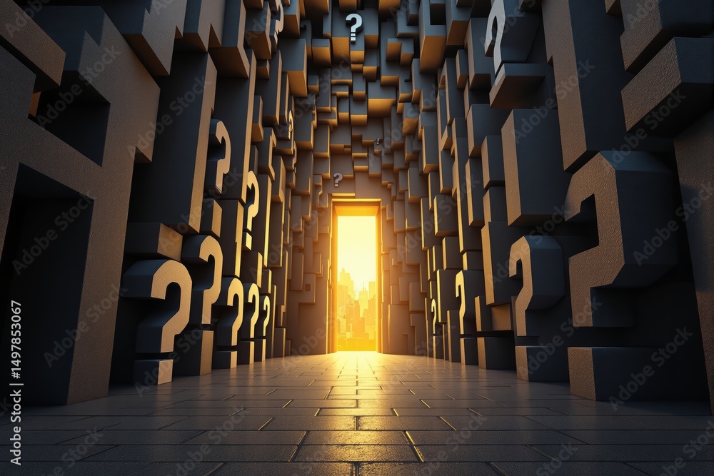 Poster abstract corridor filled with 3d question marks, glowing doorway at the end, surreal style, symboliz