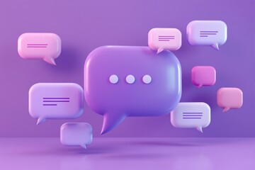 Fototapeta premium Multiple colorful speech bubbles floating in a minimal 3D style on a purple background, representing digital communication and creative business chat. Ai generative