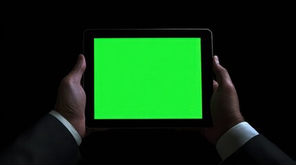 Hands holding a tablet with a green screen in a dark business setting.
