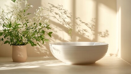 Soft sunlight casts shadows on a white bowl and flowers