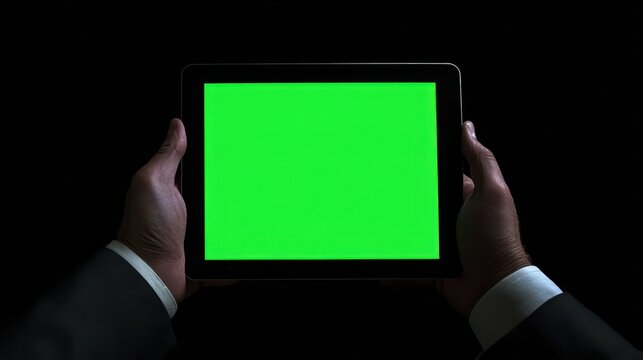 Hands holding a tablet with a green screen in a dark business setting.