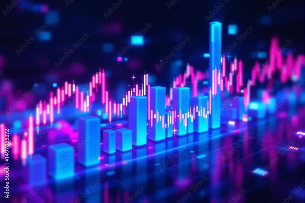 Poster glowing neon bar and candlestick chart with digital tech style on dark gradient background, concept 