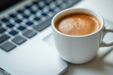 Espresso coffee cup on laptop