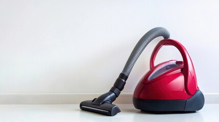 Modern Red Vacuum Cleaner with Hose and Brush Tool Against a White Background for Home Cleaning Solutions