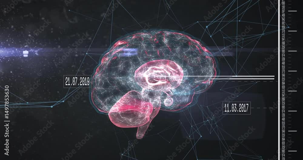 Poster On start 3D brain rotating with sliding date stamps and pulsing network lines visualizing data flow