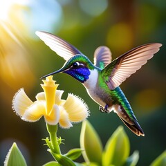 Obraz premium Tiny tropical hummingbird flying to a colorful flower