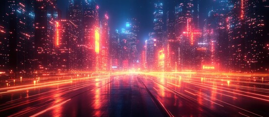 Obraz premium Neon city street at night, light trails, wet asphalt, futuristic cityscape background