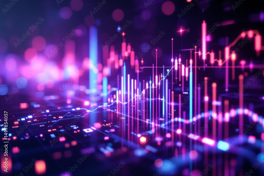 Poster vibrant financial graph with glowing bars, lines and data points in neon style on a dark blurred bac