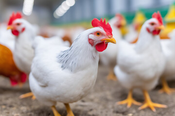Fototapeta premium Thousands of Chickens Packed Closely Together in a Modern Poultry Farm Environment