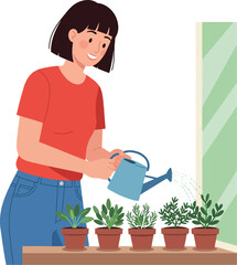 Woman watering indoor potted plants on table near window vector illustration