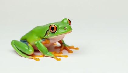 Obraz premium Green tree frog perched on white, vibrant skin, nature, tree frog