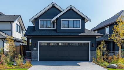 Modern, dark-colored home with garage