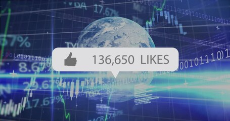 3D globe over grid blue beam sweeping, thumbs-up bubble updating likes, graphs animating analytics - Powered by Adobe