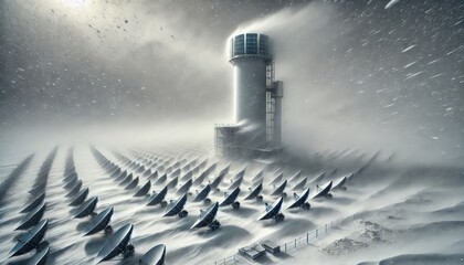 Futuristic Satellite Array Battling Blizzard Cold Weather Technology