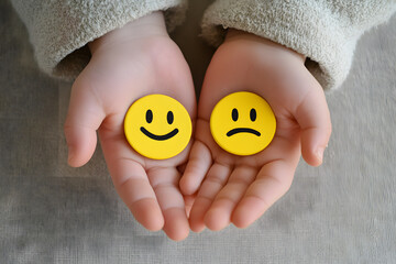 Child holding happy and sad face emoticons in hands, concept of emotions, mental health, mood, feelings, decision-making, psychology, emotional
