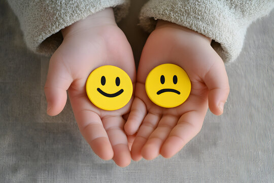 Child holding happy and sad face emoticons in hands, concept of emotions, mental health, mood, feelings, decision-making, psychology, emotional