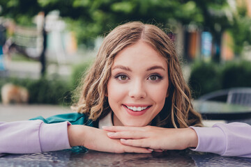 Plakat Portrait of nice young girl beaming smile coffee table wear top weekend downtown street cafe outdoors