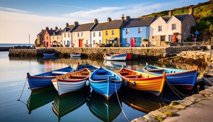 Obraz premium Tranquil Coastal Scene with Colorful Boats in Calm Harbor