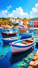 Obraz premium Tranquil Coastal Scene of Colorful Boats in a Calm Harbor Village