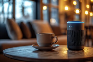 Cozy cafe scene with smart speaker and coffee