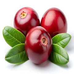 Three ripe cranberries with vibrant green leaves on white background