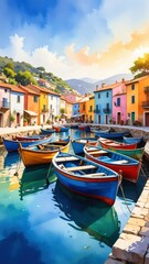 Obraz premium Tranquil Coastal Scene with Colorful Boats in Calm Harbor